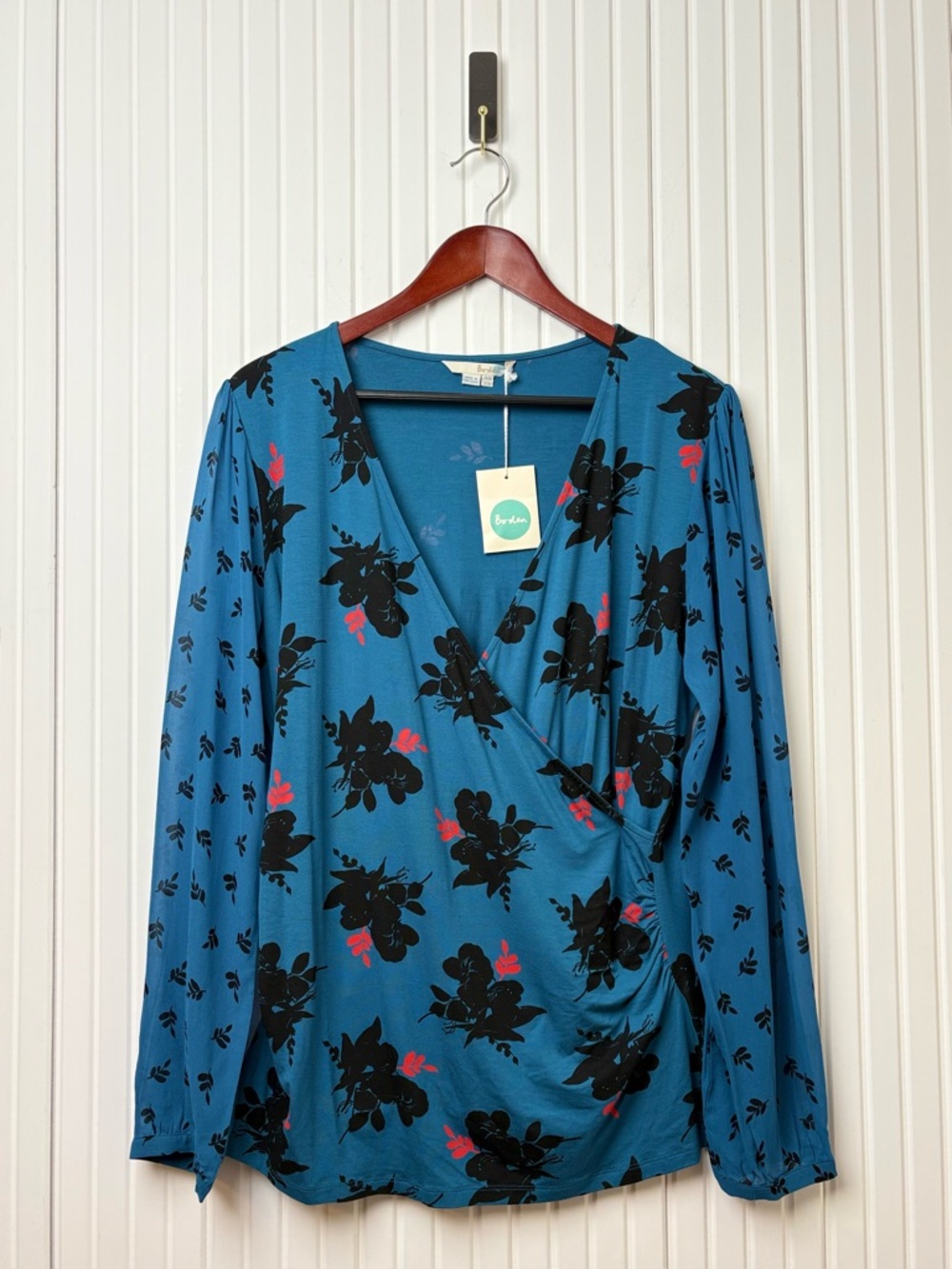 Boden Blouse Classic Floral Faux Wrap Blue Black US 16 Classic Feminine Modest
